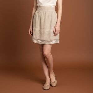 Loft Ann Taylor Women's Short Linen Skirt Size 14 Crochet Trim Beige Lined